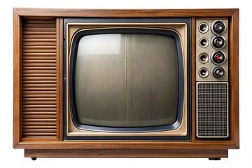 A vintage television set with a wooden frame isolated on a transparent background