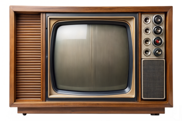 A vintage television set with a wooden frame isolated on a transparent background