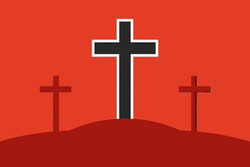 Three christian crosses on a hill against a vibrant red background