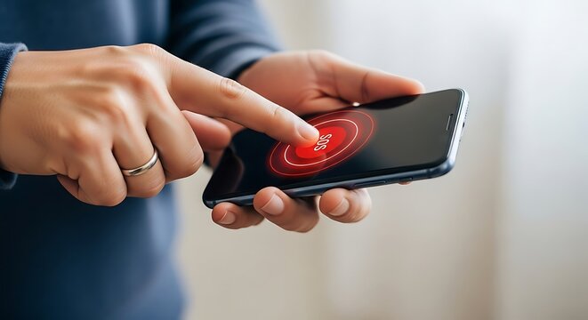 Person using smartphone, finger touching red notification, close-up view.