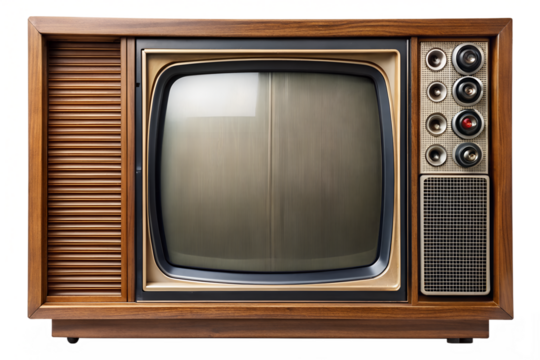A vintage television set with a wooden frame isolated on a transparent background