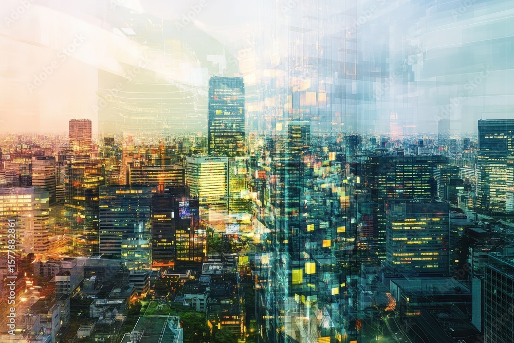 Poster collage of urban business environments showcasing digital data in a dynamic cityscape, collage of va
