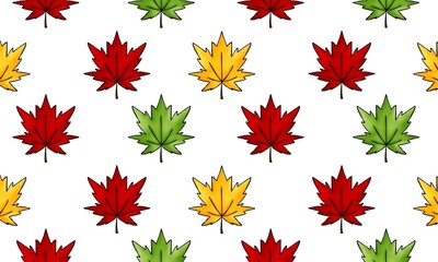 Repeating raster pattern of colorful maple leaves on white background