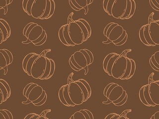 Repeating raster pattern of doodle pumpkins on brown background