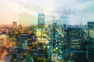 Collage of urban business environments showcasing digital data in a dynamic cityscape, Collage of various business scenes and digital data concept Multi screen Scaling transition