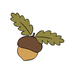 Raster illustration of acorn with oak leaves in flat style
