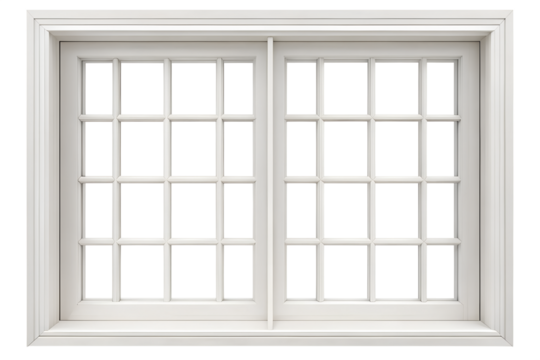 A clean white window frame with multiple panes, isolated on a transparent background