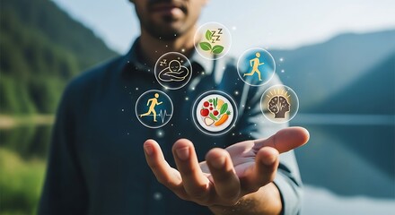 A man's hand hovers over various health and wellness icons, suggesting a focus on holistic well-being in a natural setting.