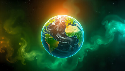 A vibrant illustration of planet Earth floats amidst an abstract cosmic landscape.