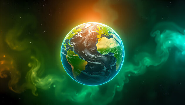 A vibrant illustration of planet Earth floats amidst an abstract cosmic landscape.