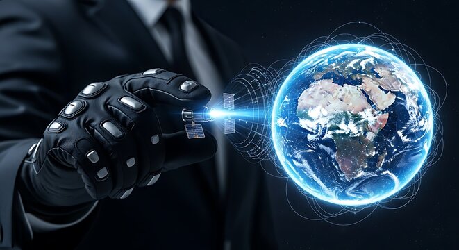 A person in a suit holding a glowing key near a digital Earth.