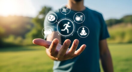 Man presenting a holistic wellness concept, encompassing fitness, nutrition, mindfulness, and healthy habits, outdoors in nature.