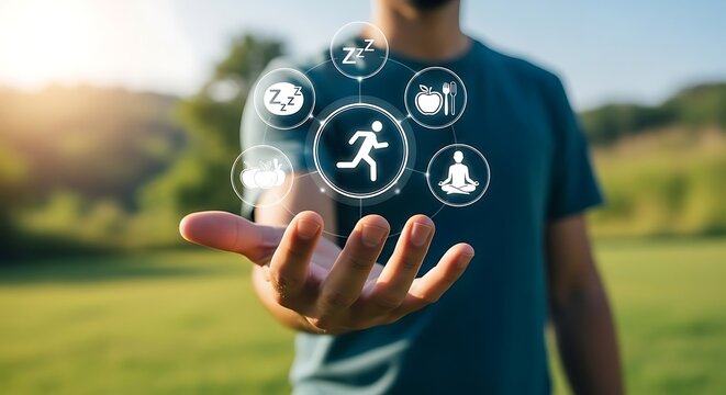 Man presenting a holistic wellness concept, encompassing fitness, nutrition, mindfulness, and healthy habits, outdoors in nature.