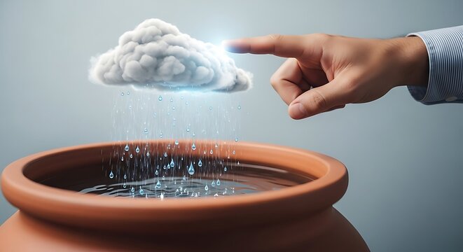 Hand interacts with a digital cloud, simulating rainfall into a large terracotta pot of water.