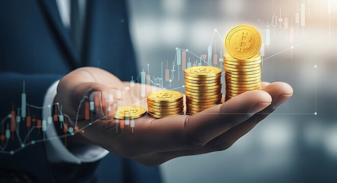 A businessman's hand carefully holds stacks of gold coins, symbolizing financial growth and investment success, overlaid with a dynamic stock market graph.