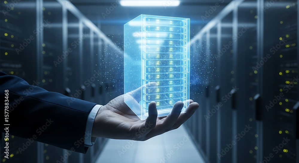 Poster a hand hovers over a translucent server rack, showcasing data within a modern server room.