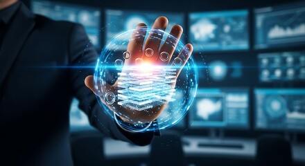 Businessman interacts with a holographic sphere displaying data visualizations, suggesting technological advancement and data analysis.