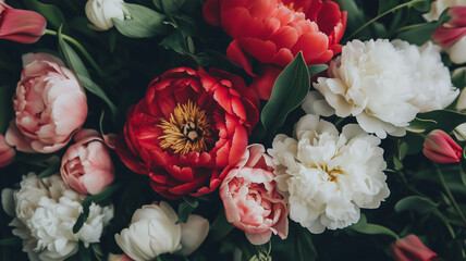 High-resolution stock photography style image of a richly detailed floral tapestry with blooming peonies and tulips, natural shadows and highlights on a black backdrop