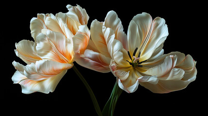 High-resolution stock photography style image of a richly detailed floral tapestry with blooming peonies and tulips, natural shadows and highlights on a black backdrop