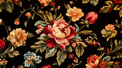 High-resolution stock photography style image of a richly detailed floral tapestry with blooming peonies and tulips, natural shadows and highlights on a black backdrop