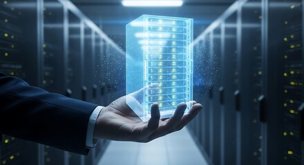 A hand hovers over a translucent server rack, showcasing data within a modern server room.