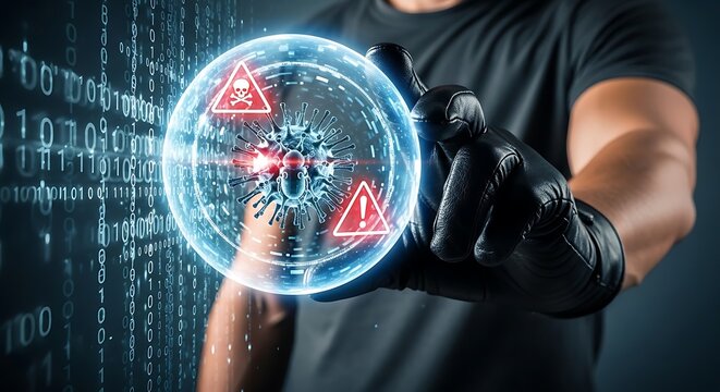 Hacker manipulating a digital virus sphere, showcasing cyber threats and vulnerabilities. - Powered by Adobe