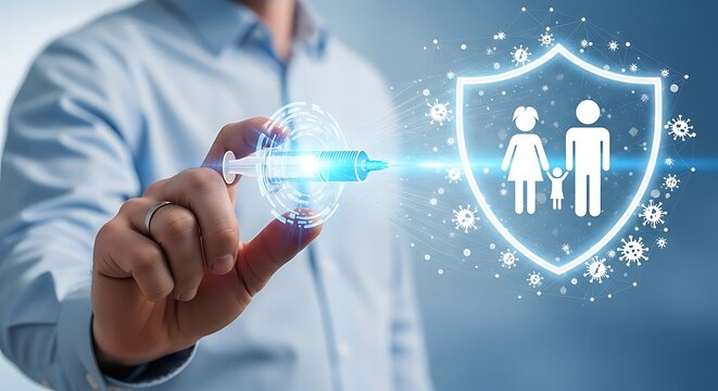 A person's hand points to a digital syringe, symbolizing vaccination protection for a family.