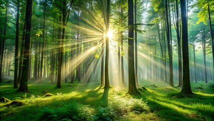 Naklejka premium Sunlight streams through the trees in a lush green forest, creating a serene and magical atmosphere