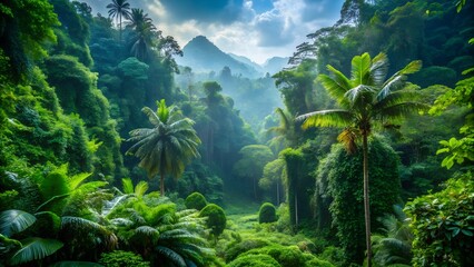 A vibrant tropical rainforest teems with life, showcasing lush green vegetation and towering palm trees