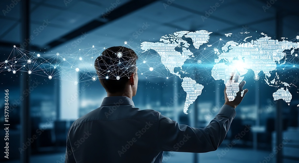 Poster a man interacting with a digital world map interface, showcasing global connectivity and technology.