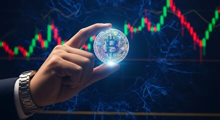 A hand delicately holds a glowing Bitcoin, set against a dynamic cryptocurrency price chart.