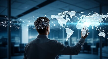 A man interacting with a digital world map interface, showcasing global connectivity and technology.