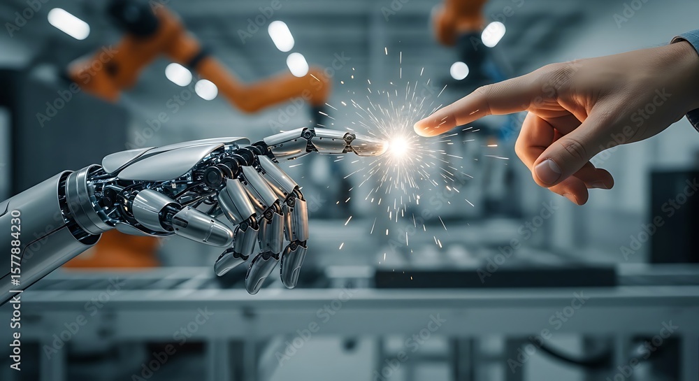 Poster human finger touches a robot hand with a spark, symbolizing the connection between humans and artifi