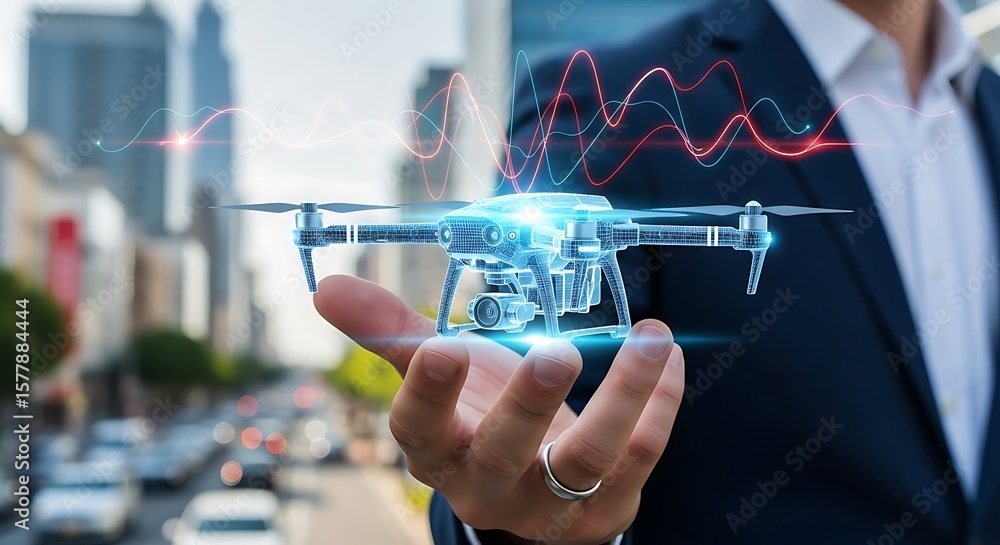 Poster a business person holding a drone with digital data visualization in an urban setting.