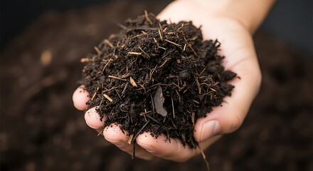 Hand holding a pile of rich, dark soil with visible organic matter.