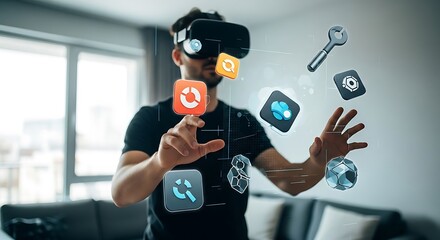 Man wearing VR headset interacts with floating digital icons in a modern living room.