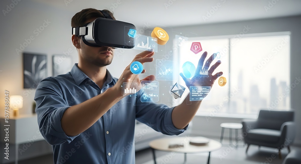 Poster man uses vr headset to interact with digital icons, experiencing immersive technology in a modern li