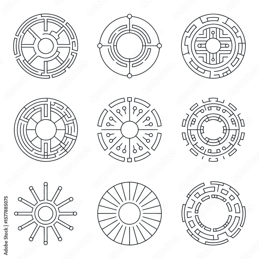Poster collection of nine abstract circular designs featuring geometric patterns technology elements and ma