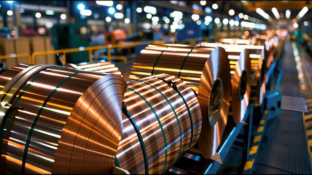 Industrial coiling facility interior with rows of glossy metal rolls, highlighting manufacturing precision and scale