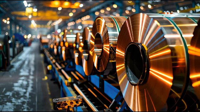 Industrial coiling facility interior with rows of glossy metal rolls, highlighting manufacturing precision and scale
