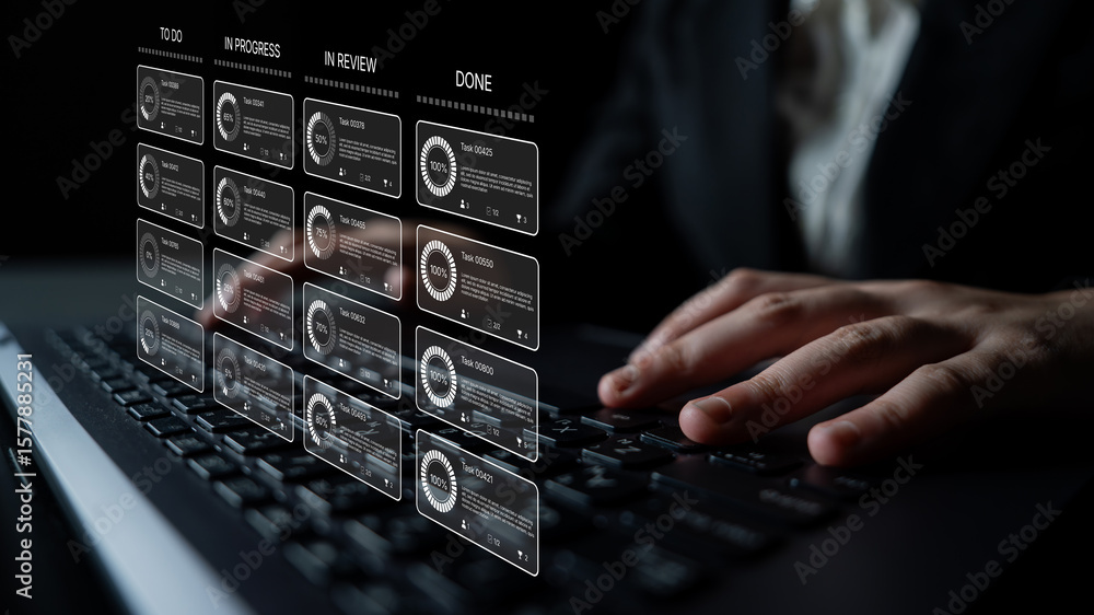 Poster task management tool dashboard showing kanban-style workflow with columns for to do, in progress, in