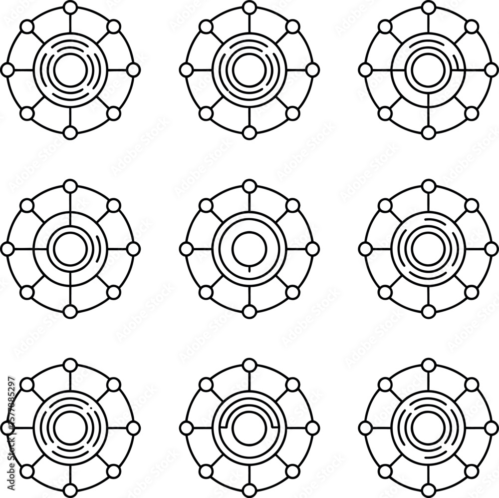 Poster collection of abstract circular network icons with connected dots representing technology connectivi