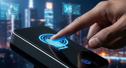 Fingertip authenticating via biometric scanner against futuristic city backdrop.