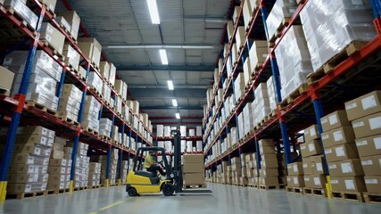 Warehouse with cardboard boxes inside on pallets racks, logistic center. Huge, large modern warehouse. Warehouse filled with cardboard boxes on shelves - Powered by Adobe