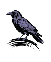 Fototapeta premium Detailed Raven Illustration Perched on Brush Strokes Against a Black Background