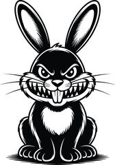 Angry Cartoon Rabbit with Evil Grin Black and White Vector Illustration