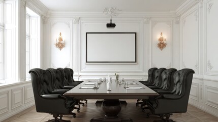 Fototapeta premium Bright and quiet conference room with mounted projector aimed at a blank presentation screen