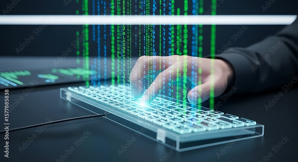 Poster a person's hands skillfully type on a transparent keyboard, with digital code cascading down.