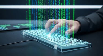 A person's hands skillfully type on a transparent keyboard, with digital code cascading down.