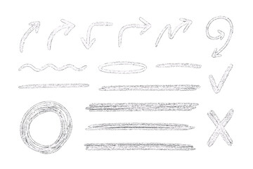 Obraz premium Various hand-drawn arrows and shapes created with a chalk-like texture on a white background